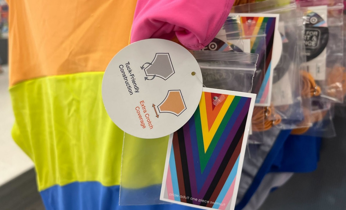 A. H. on X: A bunch of conservatives are upset because Target is selling a  women's bathing suit in the Pride section that has a tag that says, 'tuck-friendly  construction.' They claim