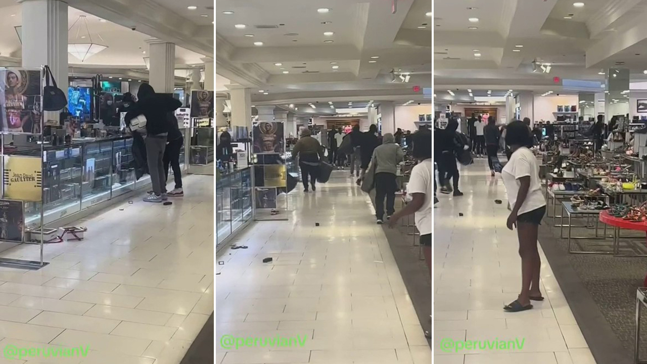 A flash mob of thieves can be heard using a bird call before escaping with a load of stolen merchandise from a Macys store in the Sherman Oaks neighborhood of Los Angeles. (Credit: @queen.v009 / LOCAL NEWS X /TMX)