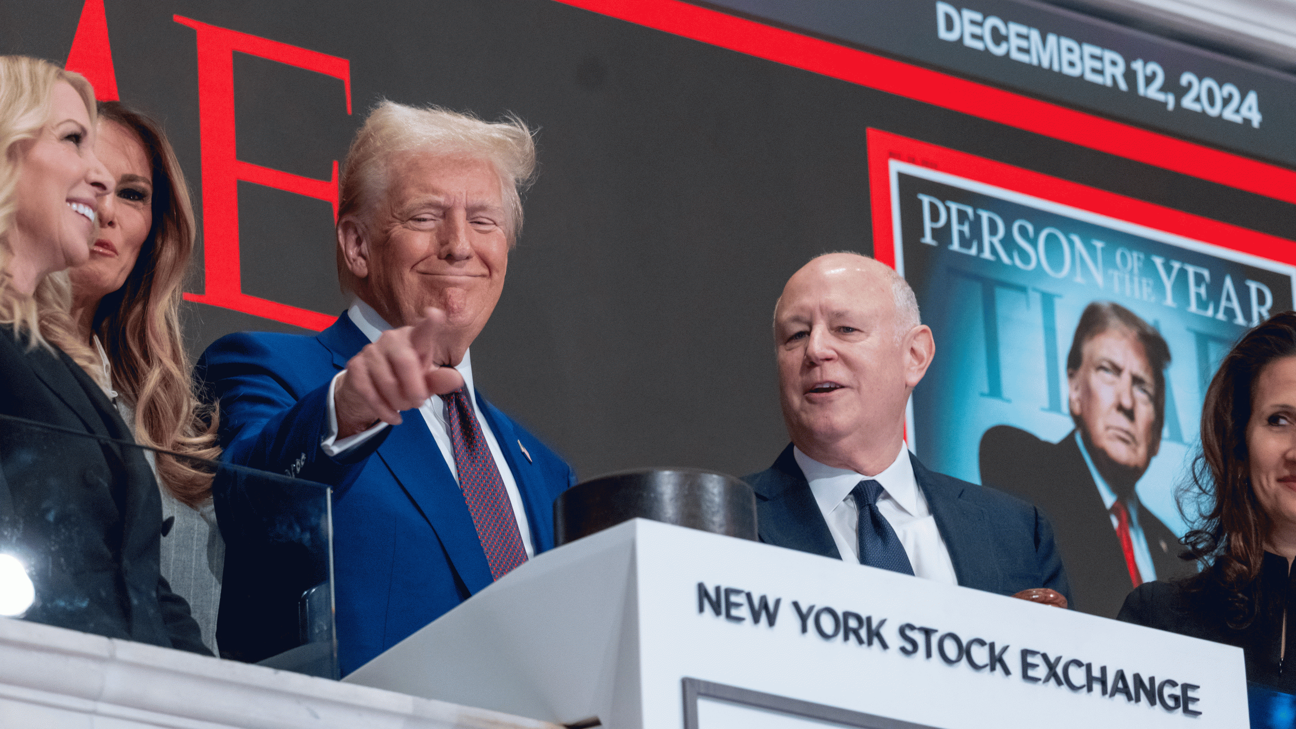 ‘Varney & Co.’ panelist Adam Johnson and host Stuart Varney reacts to President-elect Donald Trump ringing the opening bell at the New York Stock Exchange. 