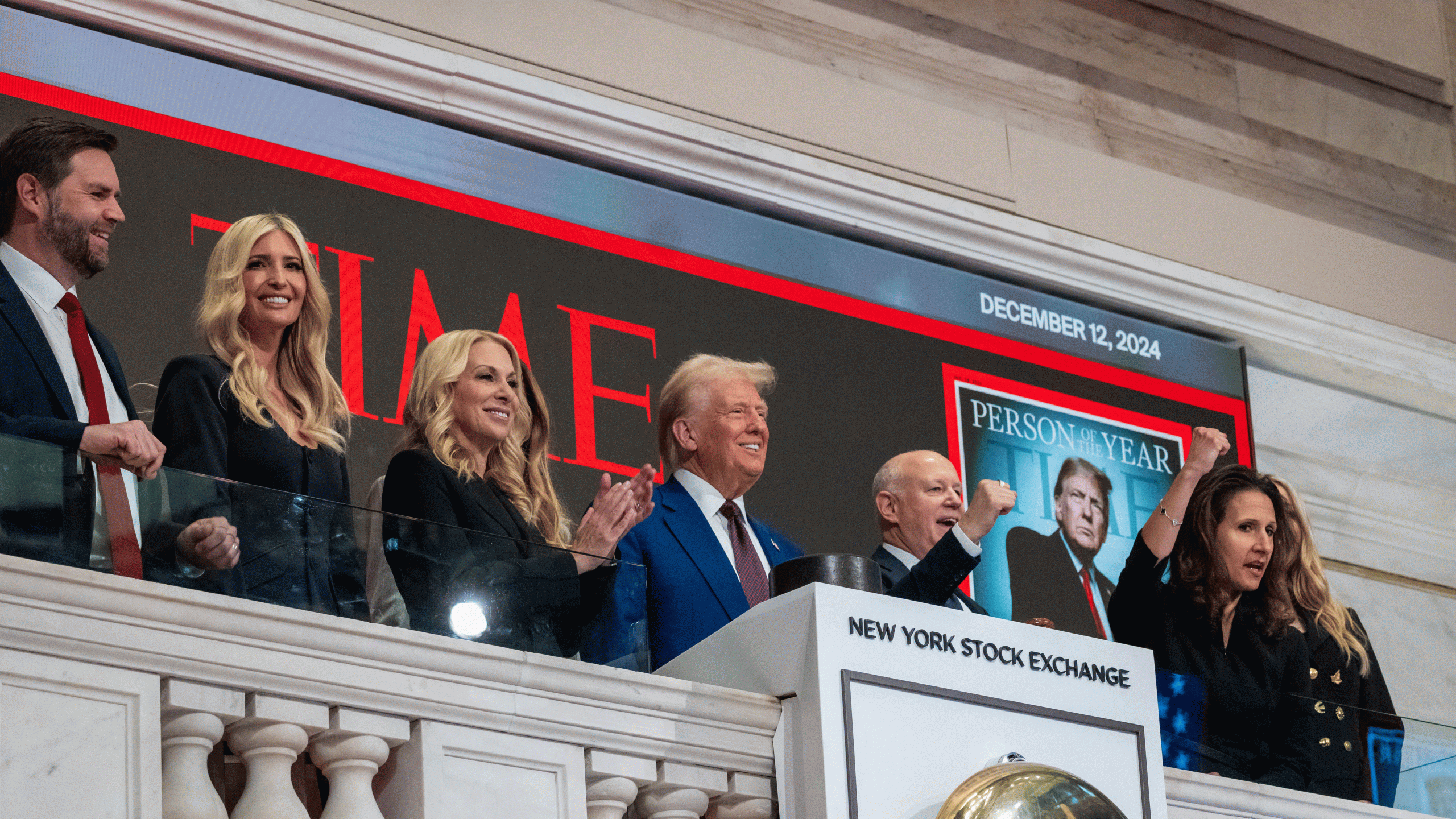 ‘Varney & Co.’ panelist Adam Johnson and host Stuart Varney reacts to President-elect Donald Trump ringing the opening bell at the New York Stock Exchange. 