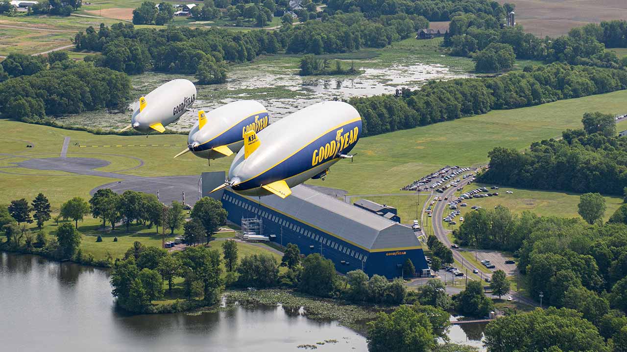 Trio of Goodyear Blimps fly over Ohio in 100th anniversary celebration |  Fox Business