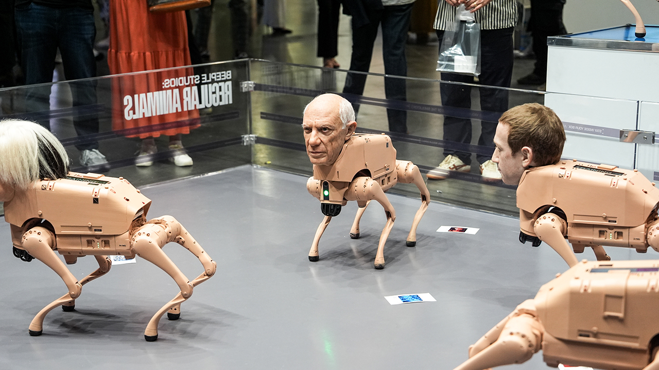 Viral robot dogs with Bezos, Musk heads poop photos at Art Basel